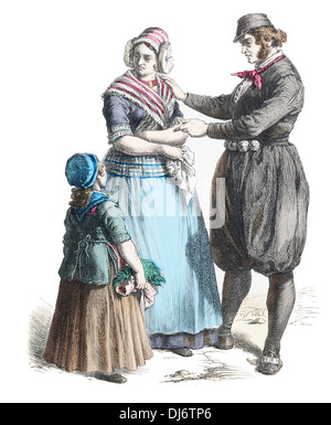 19th century Dutch Costume couple child  traditional  Country Folk Stock Photo