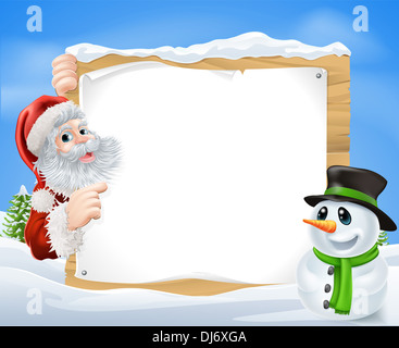 Santa and cartoon Snowman Snow Scene with Santa and a cartoon snowman in a winter scene framing a wooden sign Stock Photo