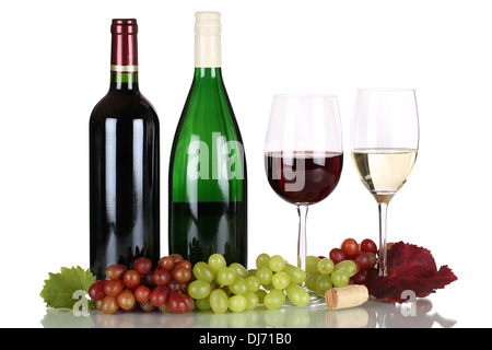 Red and white wine in bottles isolated on a white background Stock Photo