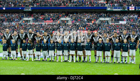 London, UK. 23rd Nov, 2013. New Zealand team line up for the national anthem before the Rugby League World Cup Semi Final between England and New Zealand from Wembley Stadium. Credit:  Action Plus Sports/Alamy Live News Stock Photo