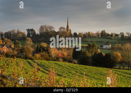 Gloriuos autumn colors on the parish church of St Bartholomews in the village of Tardebigge, Worcestershire early Stock Photo