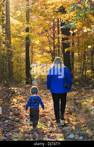 Woman and Grandson Walking in Autumn Woods Stock Photo
