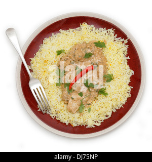 High angle view of balti chicken pasanda curry served on a bed of saffron rice, garnished with coriander leaves and a red chilli Stock Photo