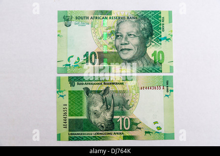 South Africa, Currency Showing Nelson Mandela. Ten Rand, front and back. Stock Photo