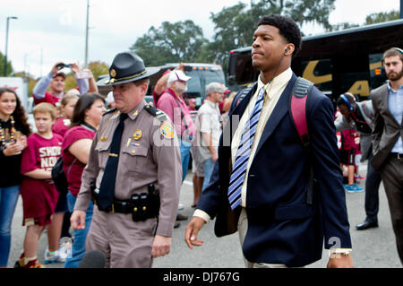 Tallahassee, Florida, USA. 23rd Nov, 2013. Florida State Seminoles quarterback Jameis Winston walks from the team bus to the stadium before the NCAA football game between the Idaho Vandals and the Florida State Seminoles at Doak S. Campbell Stadium in Tallahassee, Florida. © csm/Alamy Live News Stock Photo