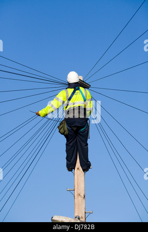 BT plc Telecom engineer (British Telecom PLC) installs a new domestic phone line & broadband internet copper wire to a telephone / telegraph pole in london, UK Stock Photo