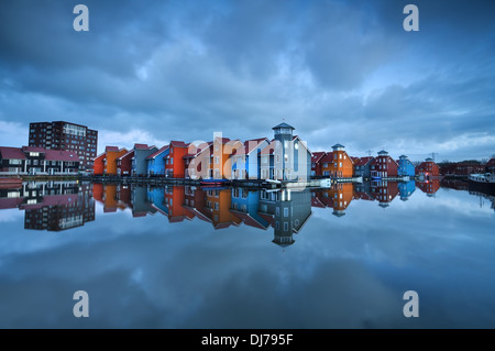 colorful buildings on water in Groningen, Reitdiephaven, Netherlands Stock Photo