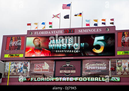Tallahassee, Florida, USA. 23rd Nov, 2013. Florida State Seminoles quarterback Jameis Winston (5) is introduced on the scoreboard before the start of the NCAA football game between the Idaho Vandals and the Florida State Seminoles at Doak S. Campbell Stadium in Tallahassee, Florida. Credit:  csm/Alamy Live News Stock Photo