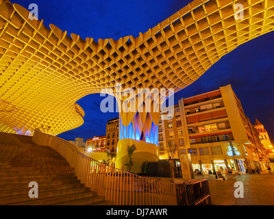 Night view of Metropol Parasol on La Encarnacion Square in Seville, Andalusia, Spain Stock Photo