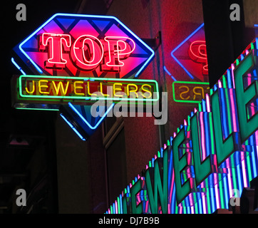 Top Indian Jewelers Rusholme Curry Mile Manchester England UK at night Stock Photo