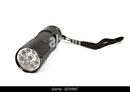 LED flashlight with aluminum body and hand strap on a white background Stock Photo