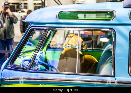 A Volkswagen Combi painted as the Mystery Machine from the Scooby Doo cartoon at the Los Angeles Auto show 2013 Stock Photo