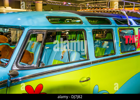 A Volkswagen Combi painted as the Mystery Machine from the Scooby Doo cartoon at the Los Angeles Auto show 2013 Stock Photo