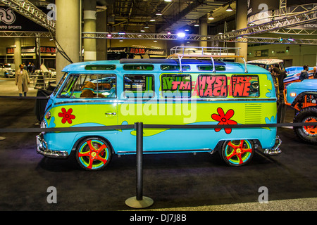 A Volkswagen Combi painted as the Mystery Machine from the Scooby Doo cartoon at the Los Angeles Auto show 2013 Stock Photo