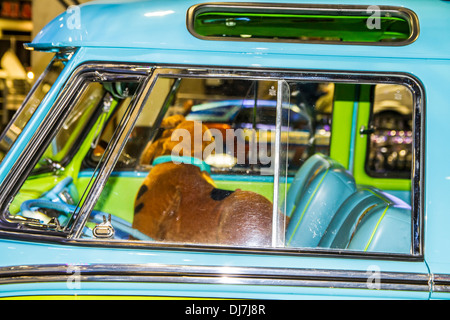 A Volkswagen Combi painted as the Mystery Machine from the Scooby Doo cartoon at the Los Angeles Auto show 2013 Stock Photo