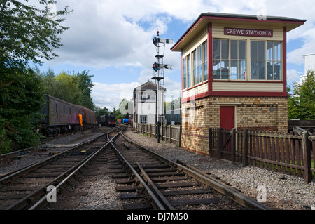 Heritage signal boxes and railway signal at Crewe, Cheshire, UK Stock Photo