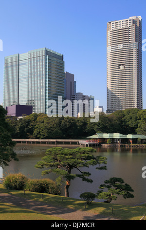 Japan, Tokyo, Hama-rikyu Gardens, Shiodome skyline, Stock Photo