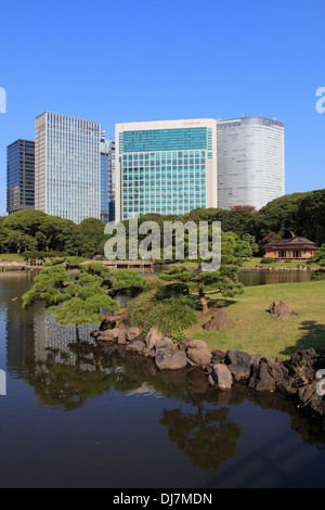 Japan, Tokyo, Hama-rikyu Gardens, Shiodome skyline, Stock Photo
