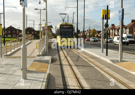 Metrolink tram at Audenshaw stop, on the East Manchester Line, Audenshaw, Tameside, Manchester, England, UK Stock Photo