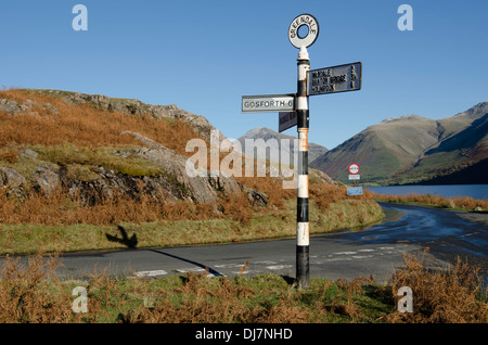 An old fashion road sign on the road to Wastwater, Wasdale, Lake District, Cumbria, England Stock Photo