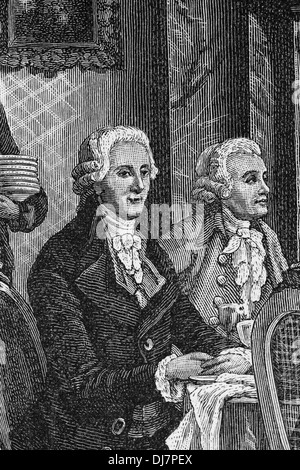 Banquet in honor Mozart . Haydn (1732-1809) and Albrechtsberger (1736-1809). Engraving. Stock Photo