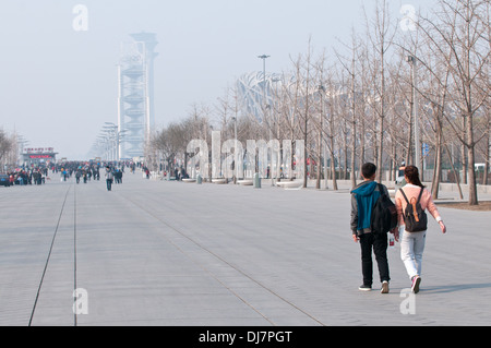 in Olympic Green - Olympic Park in Beijing, China. Ling Long Pagoda or Linglong Tower  on background Stock Photo