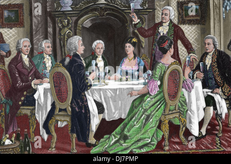 Banquet in honor Mozart . Haydn, Albrechtsberger, Mozart, Salieri ,  Mrs. Cavalieri, Schikaneder, Mrs. Lange and Gluck Stock Photo