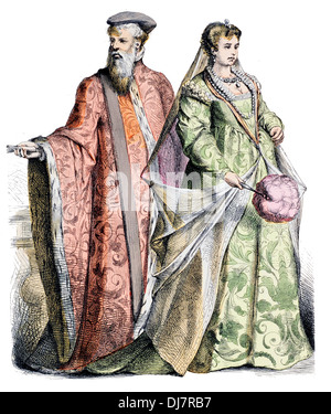 16th Century  XVI Italian costumes from Venice of Senator and lady Stock Photo