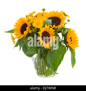 sunflowers  and marigold flowers in vase Stock Photo