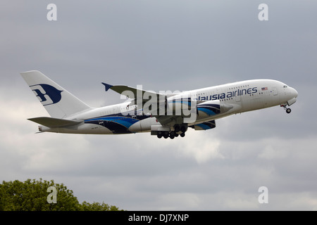 Malaysia Airlines Airbus A380 800 taking off in grey cloudy