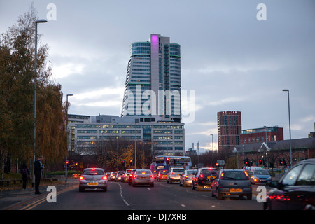 Bridgewater Place, nicknamed The Dalek in Leeds city centre West Yorkshire at dusk Stock Photo