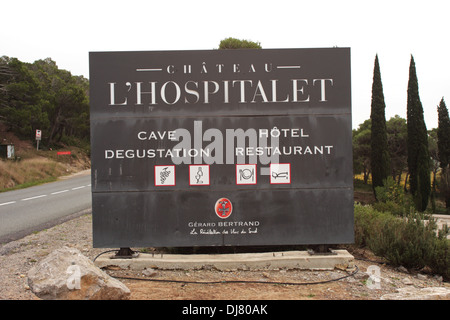 Sign outside Château l’Hospitalet vineyard in La Clape massif near Narbonne Languedoc-Roussillon France Stock Photo