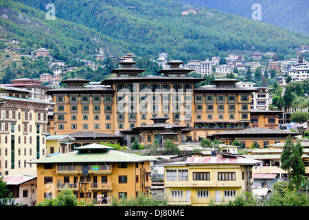 Taj Tashi five star hotel,Modern Spa Hotel,Dzong like architecture,Prayer wheel,Paul Street,Travel Photographer,Thimphu,Bhutan Stock Photo
