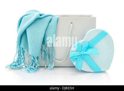 Blue scarf in shopping bag with gift box isolated on a white background Stock Photo
