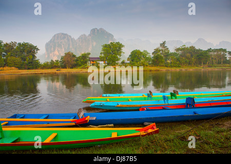 Dawn over the Nam Song River in Vang Vieng, Laos Stock Photo
