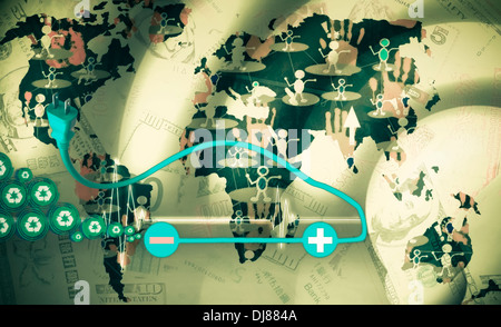 Symbol of the electric cars on World Map, Concept Stock Photo