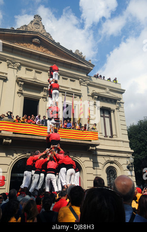 Sants castellers building human tower during Catalan festival, Sants, Barcelona, Spain Stock Photo