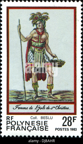 FRENCH POLYNESIA - CIRCA 1983: A stamp printed in French Polynesia shows Women in Traditional Costume, circa 1983 Stock Photo