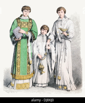 16th XVI 17th century XVII Italian Ecclesiastical costumes Deacon subdeacon and Alter choir boy in white robes Stock Photo