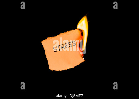 A piece of paper with the word 'stress' on it is burning. The background is isolated on black. Stock Photo