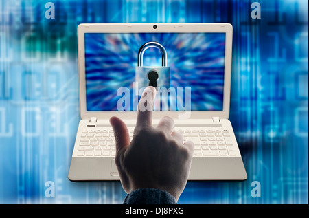 hand touching a laptop screen locked, security concept Stock Photo