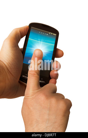 man tapping on a touchscreen smartphone Stock Photo