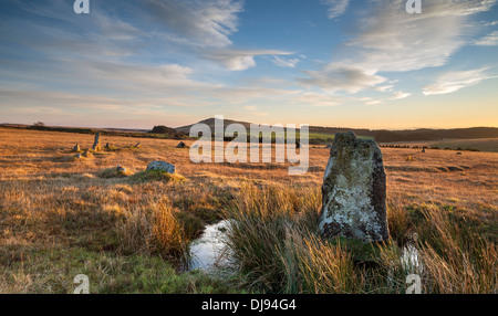 The Fernacre Stone Circle at the foot of Roughtor on Bodmin Moor in Cornwall Stock Photo