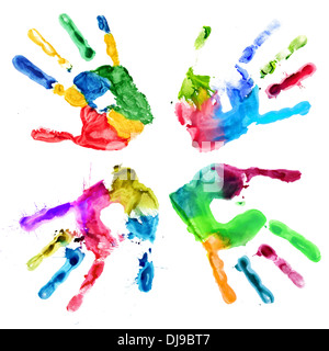 Handprints in different colors on a white background Stock Photo