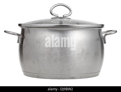 side view of stainless steel saucepan covered by glass lid isolated on white background Stock Photo