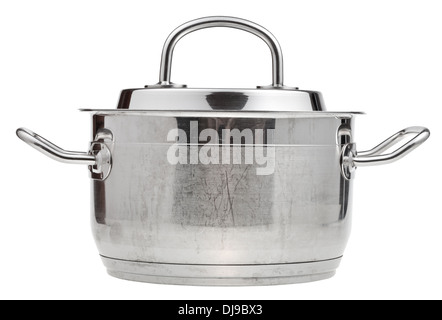 side view of small stainless steel saucepan covered by metal lid isolated on white background Stock Photo