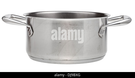 side view of open small stainless steel pan isolated on white background Stock Photo