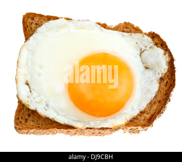 top view of sandwich from fried egg and toasted rye bread isolated on white background Stock Photo