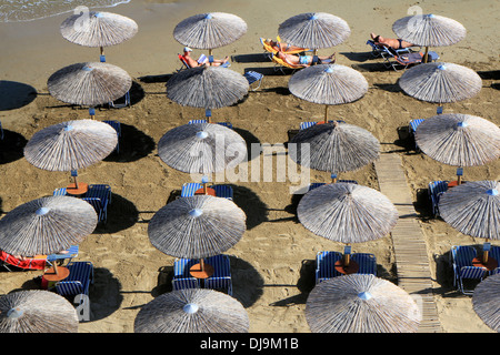Aerial view of sun umbrellas, Beach of Georgioupoli on the north part of Crete, Greece Stock Photo