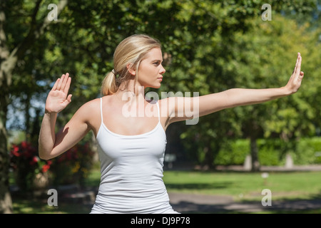 Concentrated young woman doing yoga Stock Photo